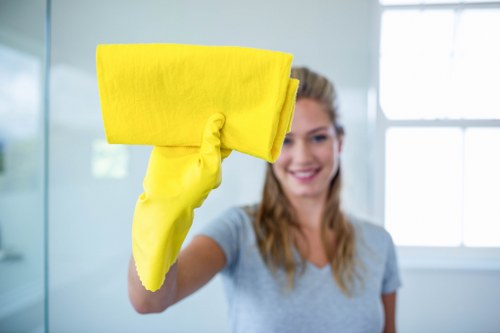 Worker preventing slip hazards during carpet cleaning