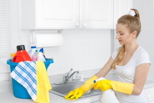 Carpet cleaning professional following safety checks during service